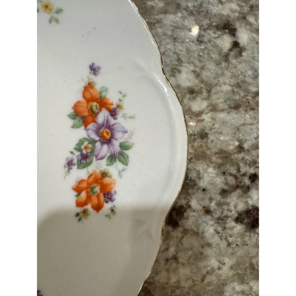 Vintage Floral Scalloped Serving Plate White Orange Purple Gold Trim 9.75 Inch